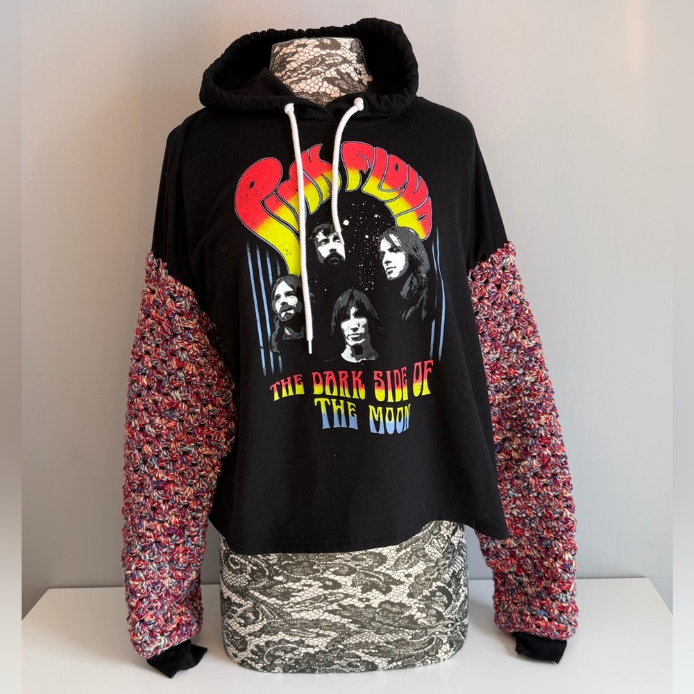 Upcycled Pink Floyd Graphic Crop Top Style Hoodie